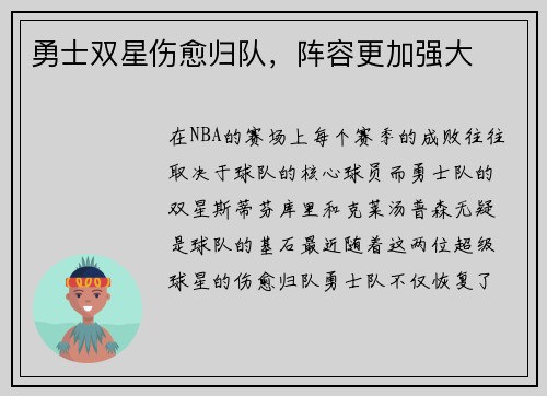 勇士双星伤愈归队，阵容更加强大